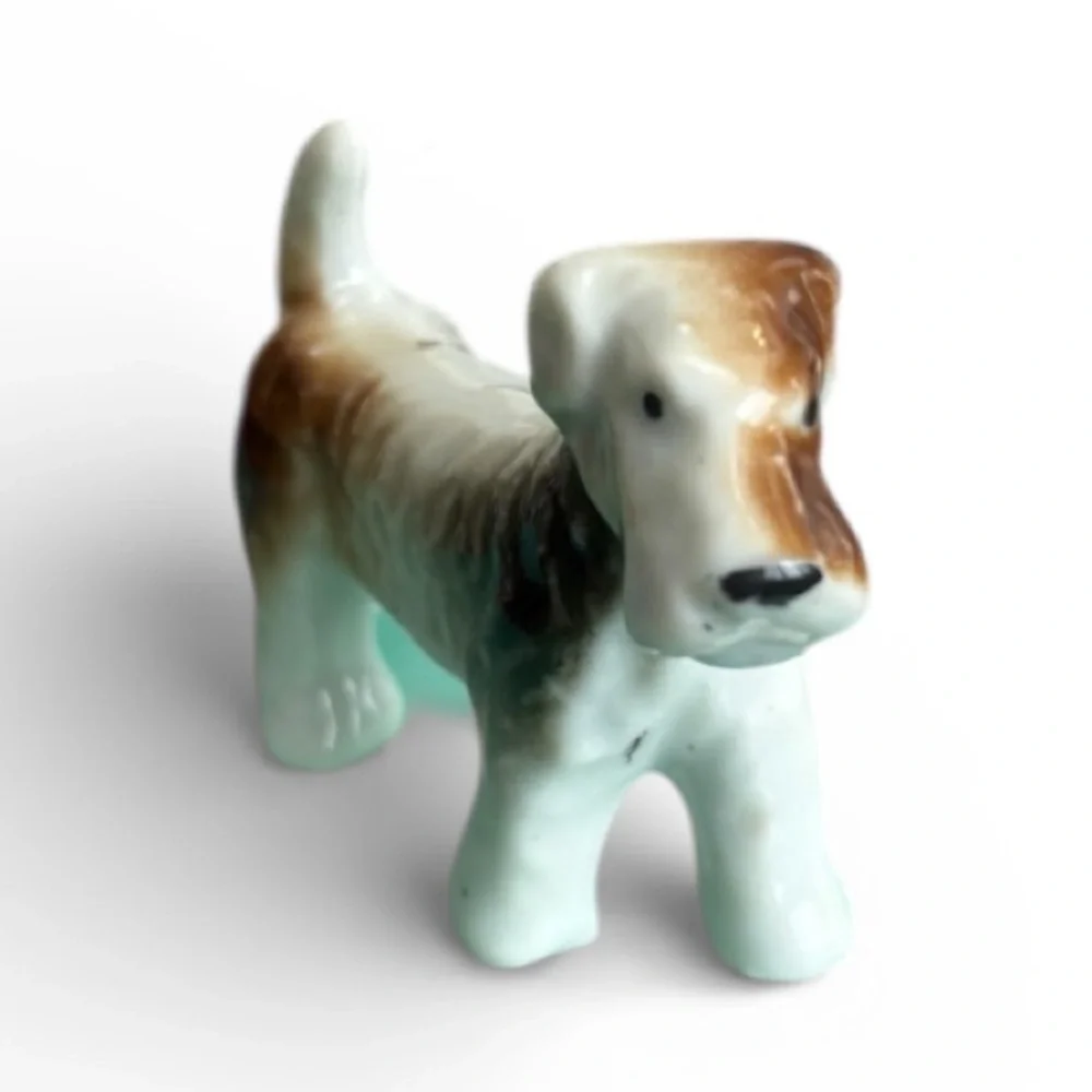 Vintage Porcelain Dog Brown 1930s 1940s White Terrier Dog Figurine